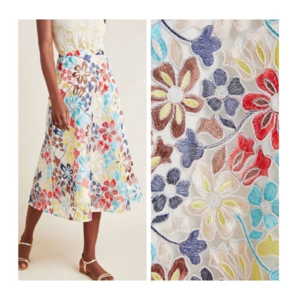 Anthropologie Eva Franco Meghan Floral Embroidered Midi Skirt Size 6 EUC